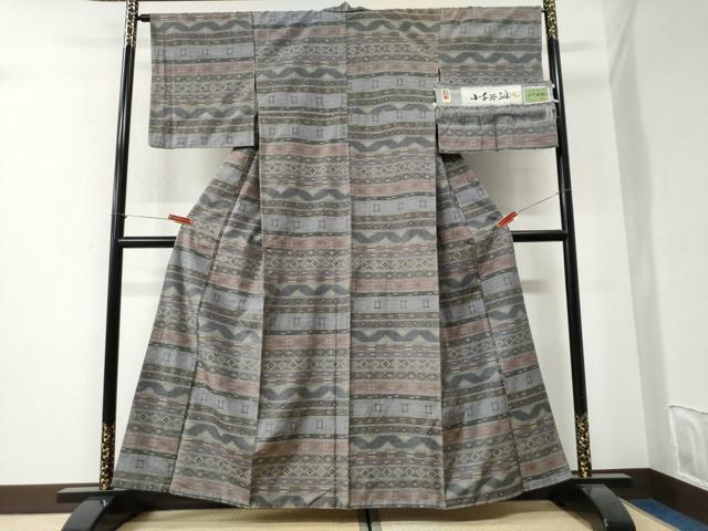 平和屋着物●小千谷紬　横段吉祥花文　証紙付き　正絹　逸品　未使用　CABI2741yc