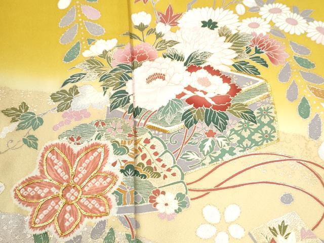 平和屋着物●豪華振袖　駒刺繍　文箱草花文　暈し染め　金彩　正絹　逸品　CABI2751yc