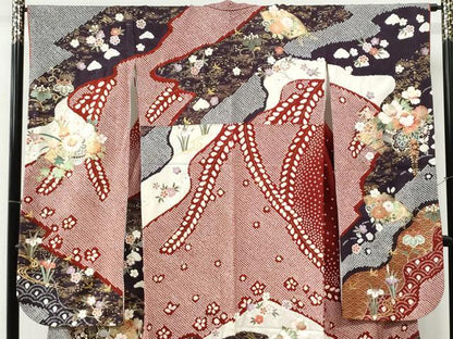 平和屋着物●豪華振袖　駒刺繍　絞り　青海波地紙花車文　金彩　正絹　逸品　CABI2752yc