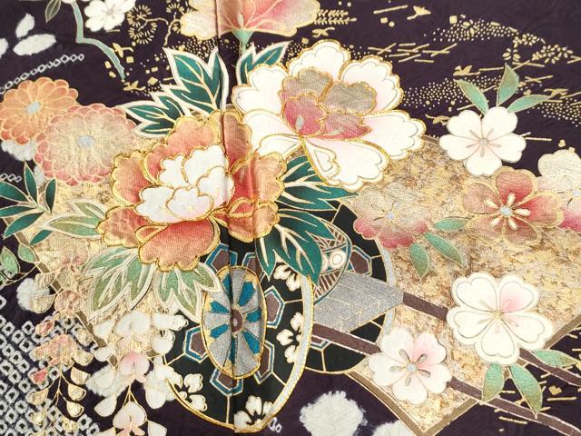 平和屋着物●豪華振袖　駒刺繍　絞り　青海波地紙花車文　金彩　正絹　逸品　CABI2752yc