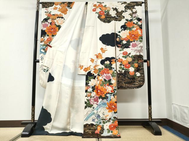 平和屋着物●豪華振袖　友禅　雲取り尾長鳥鴛鴦牡丹花文　金彩　正絹　逸品　CABI2756yc