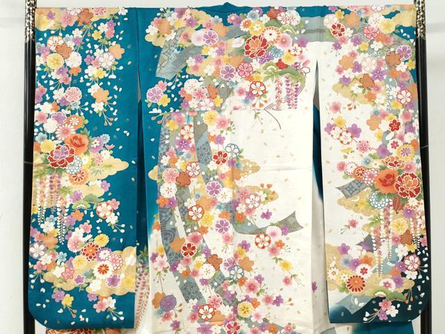 平和屋着物●豪華振袖　駒刺繍　短冊地紙貝桶草花文　暈し染め　銀通し地　正絹　逸品　CABI2757yc