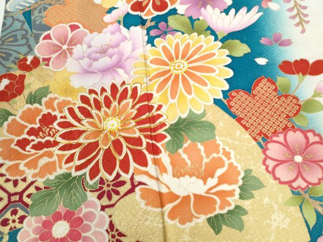 平和屋着物●豪華振袖　駒刺繍　短冊地紙貝桶草花文　暈し染め　銀通し地　正絹　逸品　CABI2757yc