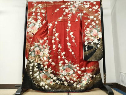 平和屋着物●豪華振袖　駒刺繍　牡丹花車文　暈し染め　銀通し地　正絹　逸品　CABI2758yc