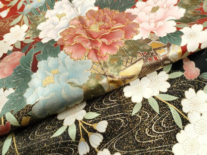 平和屋着物●豪華振袖　駒刺繍　牡丹花車文　暈し染め　銀通し地　正絹　逸品　CABI2758yc