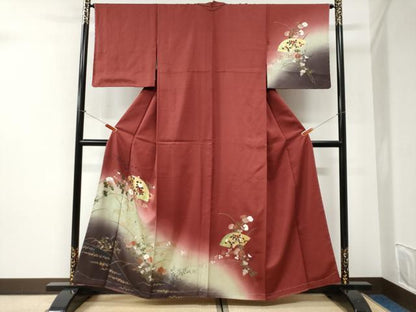 平和屋着物●訪問着　流水地紙草花文　暈し染め　金彩　正絹　逸品　未使用　CABI2765yc