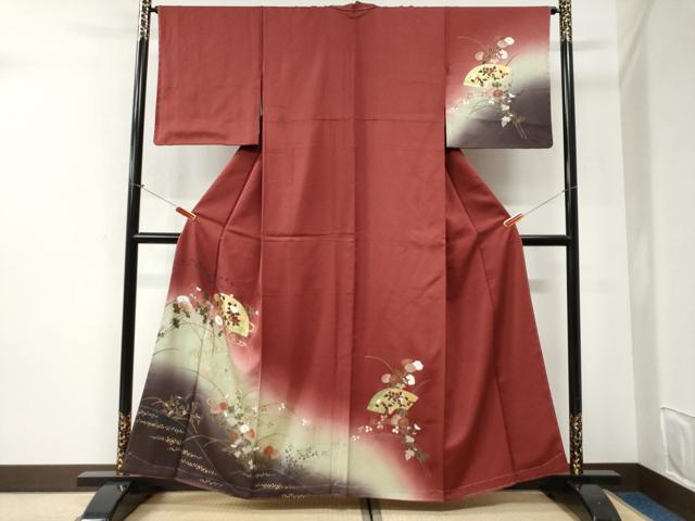平和屋着物●訪問着　流水地紙草花文　暈し染め　金彩　正絹　逸品　未使用　CABI2765yc
