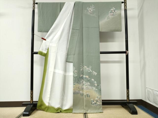 平和屋着物●訪問着　友禅　流水籬草花文　暈し染め　正絹　逸品　CABI2769