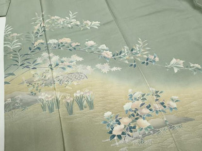 平和屋着物●訪問着　友禅　流水籬草花文　暈し染め　正絹　逸品　CABI2769