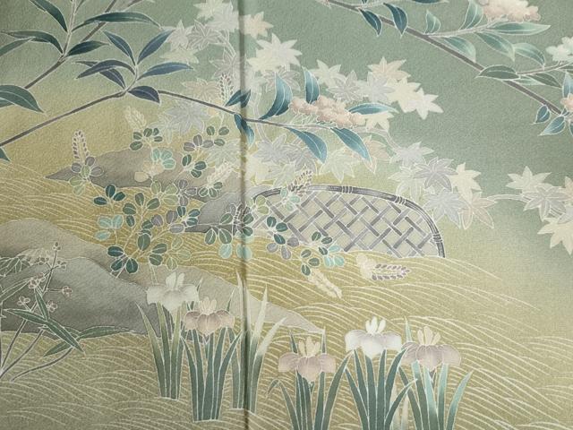 平和屋着物●訪問着　友禅　流水籬草花文　暈し染め　正絹　逸品　CABI2769