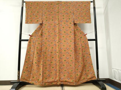 平和屋着物●上質な小紋　型染め　花繋ぎ飛鳥文　鬼しぼ縮緬　正絹　逸品　未使用　CABI2770yc