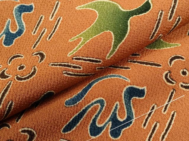 平和屋着物●上質な小紋　型染め　花繋ぎ飛鳥文　鬼しぼ縮緬　正絹　逸品　未使用　CABI2770yc