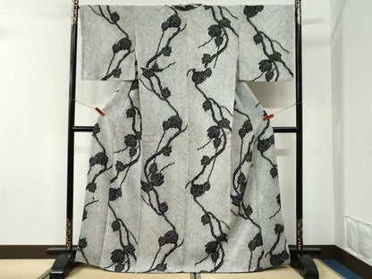 平和屋着物●上質な小紋　本疋田絞り　枝葉文　黒地　正絹　逸品　未使用　CABI2771yc