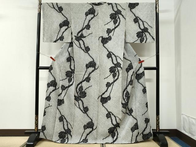 平和屋着物●上質な小紋　本疋田絞り　枝葉文　黒地　正絹　逸品　未使用　CABI2771yc