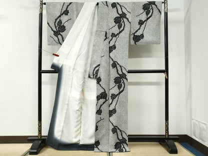 平和屋着物●上質な小紋　本疋田絞り　枝葉文　黒地　正絹　逸品　未使用　CABI2771yc