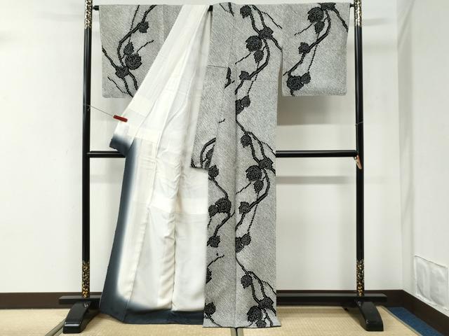平和屋着物●上質な小紋　本疋田絞り　枝葉文　黒地　正絹　逸品　未使用　CABI2771yc
