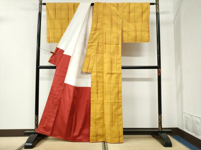 平和屋着物●上質な紬　花織　格子　正絹　逸品　CABI2774yc
