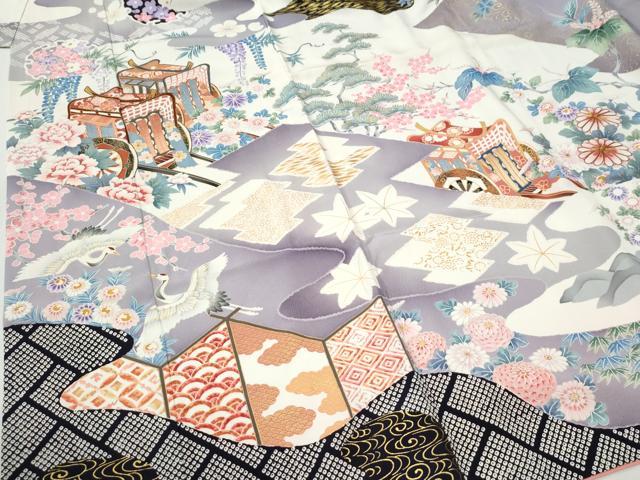 平和屋着物●豪華振袖　駒刺繍　御所車飛鶴吉祥草花文　金彩　正絹　逸品　CABI2779yc