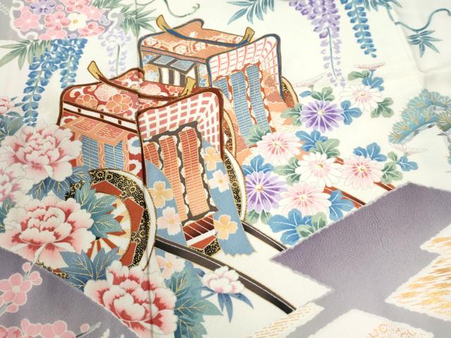 平和屋着物●豪華振袖　駒刺繍　御所車飛鶴吉祥草花文　金彩　正絹　逸品　CABI2779yc