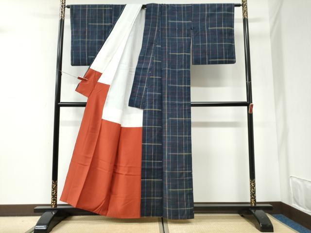 平和屋着物●郡上紬　草木染　格子　正絹　逸品　CABI2789yc