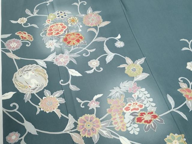 平和屋着物●訪問着　駒刺繍　牡丹飛鶴花唐草文　蛍暈し　金彩　正絹　逸品　CABI2796yc