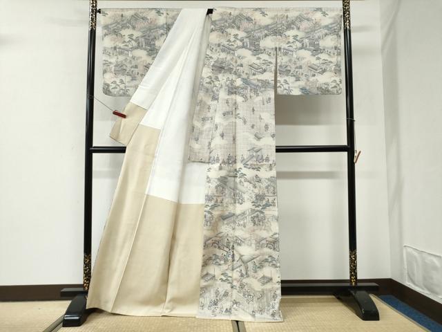 平和屋着物●訪問着　紬地　作家物　手描き　雲取り人物風景文　正絹　逸品　CABI2802yc