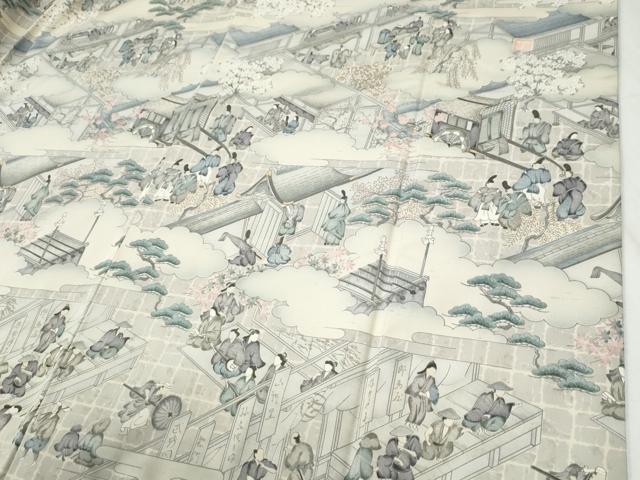 平和屋着物●訪問着　紬地　作家物　手描き　雲取り人物風景文　正絹　逸品　CABI2802yc