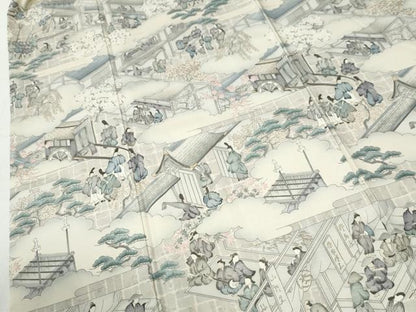 平和屋着物●訪問着　紬地　作家物　手描き　雲取り人物風景文　正絹　逸品　CABI2802yc