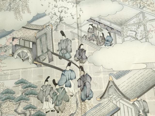 平和屋着物●訪問着　紬地　作家物　手描き　雲取り人物風景文　正絹　逸品　CABI2802yc