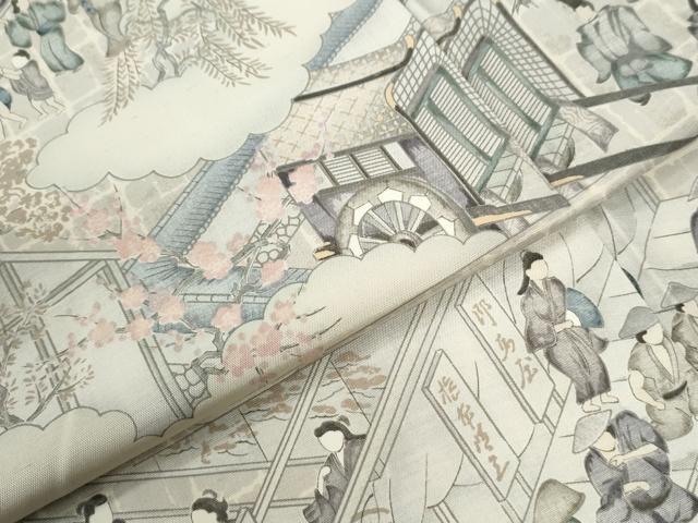 平和屋着物●訪問着　紬地　作家物　手描き　雲取り人物風景文　正絹　逸品　CABI2802yc