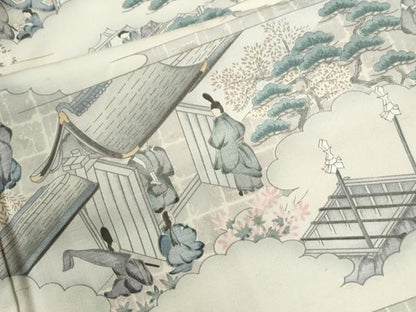 平和屋着物●訪問着　紬地　作家物　手描き　雲取り人物風景文　正絹　逸品　CABI2802yc