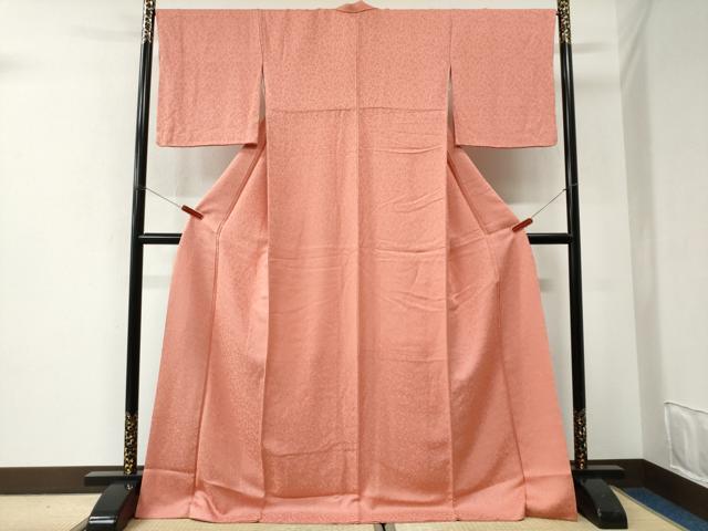 平和屋着物●上質な色無地　草花地紋　珊瑚色　ロング丈　正絹　逸品　CABI2810yc