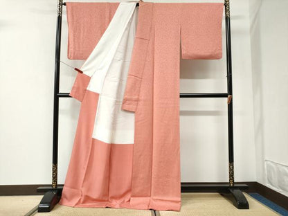 平和屋着物●上質な色無地　草花地紋　珊瑚色　ロング丈　正絹　逸品　CABI2810yc
