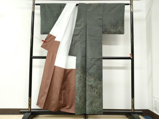 平和屋着物●訪問着　紬地　草花文　正絹　逸品　CABI2815yc