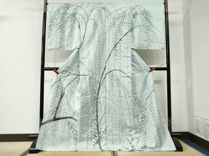 平和屋着物●訪問着　紬地　手描き　枝垂れ柳　仮絵羽　正絹　逸品　未使用　CABI2821yc