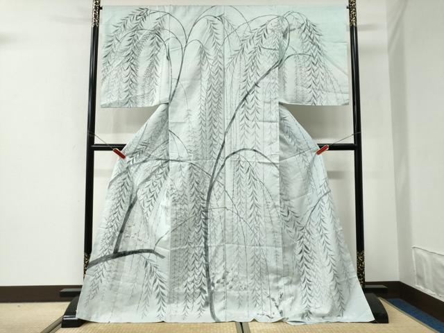 平和屋着物●訪問着　紬地　手描き　枝垂れ柳　仮絵羽　正絹　逸品　未使用　CABI2821yc