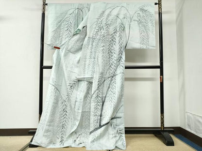 平和屋着物●訪問着　紬地　手描き　枝垂れ柳　仮絵羽　正絹　逸品　未使用　CABI2821yc