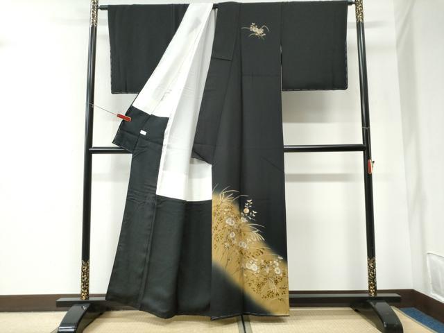 平和屋着物●訪問着　駒刺繍　菊花文　暈し染め　黒地　金彩　正絹　逸品　CABI2840yc