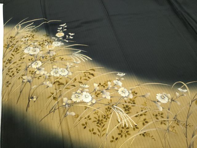 平和屋着物●訪問着　駒刺繍　菊花文　暈し染め　黒地　金彩　正絹　逸品　CABI2840yc
