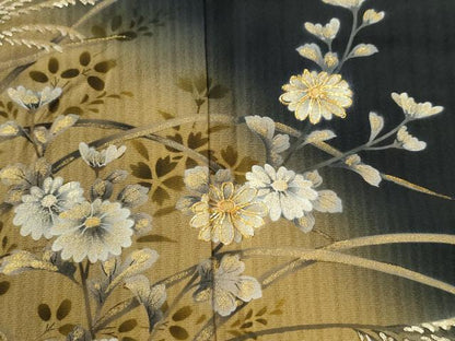 平和屋着物●訪問着　駒刺繍　菊花文　暈し染め　黒地　金彩　正絹　逸品　CABI2840yc