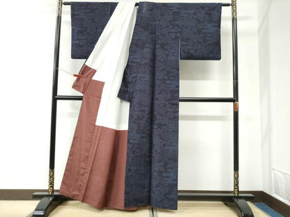 平和屋着物●結城紬　80亀甲　エ霞草花文　正絹　逸品　CABI2853yc