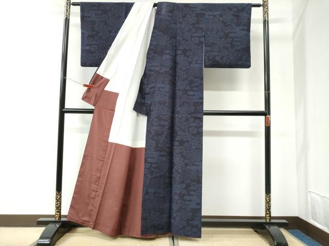 平和屋着物●結城紬　80亀甲　エ霞草花文　正絹　逸品　CABI2853yc