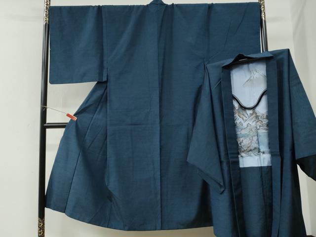 平和屋着物●男性　紬　アンサンブル　色無地　濃紺地　キングサイズ　正絹　逸品　CABI2862yc