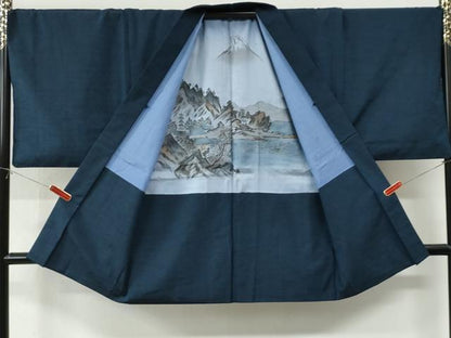 平和屋着物●男性　紬　アンサンブル　色無地　濃紺地　キングサイズ　正絹　逸品　CABI2862yc