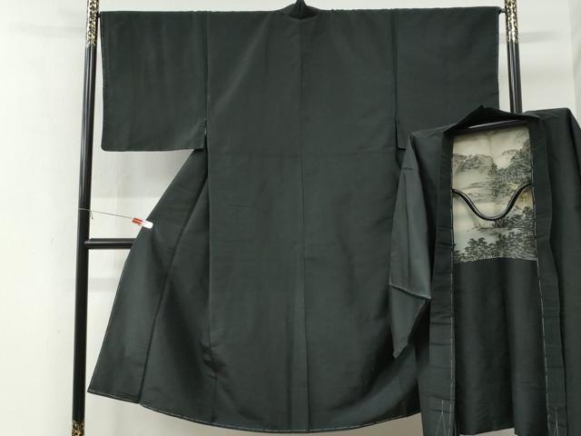 平和屋着物●男性　紬　アンサンブル　色無地　黒地　正絹　逸品　未使用　CABI2865yc