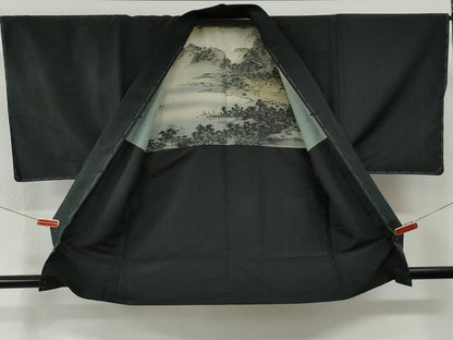 平和屋着物●男性　紬　アンサンブル　色無地　黒地　正絹　逸品　未使用　CABI2865yc