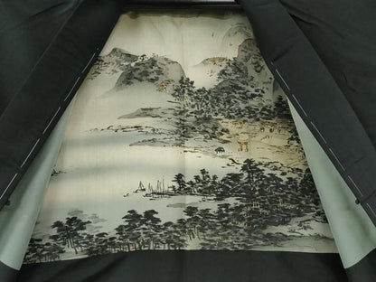 平和屋着物●男性　紬　アンサンブル　色無地　黒地　正絹　逸品　未使用　CABI2865yc