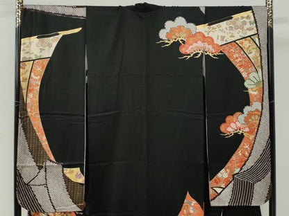 平和屋着物●豪華振袖・長襦袢セット　几帳松宝尽くし文　黒地　金彩　半衿刺繍　正絹　逸品　CABI2866yc