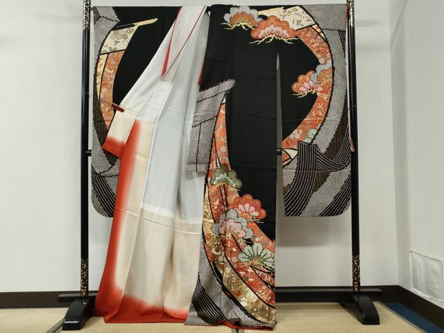 平和屋着物●豪華振袖・長襦袢セット　几帳松宝尽くし文　黒地　金彩　半衿刺繍　正絹　逸品　CABI2866yc