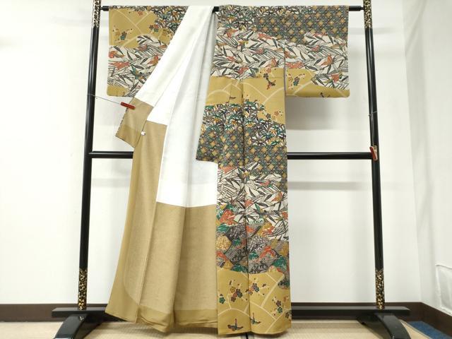 平和屋着物●江戸紅型　五味桂子　訪問着　型染め　立波飛鶴舞花文　鬼しぼ縮緬　正絹　逸品　CABI2871yc